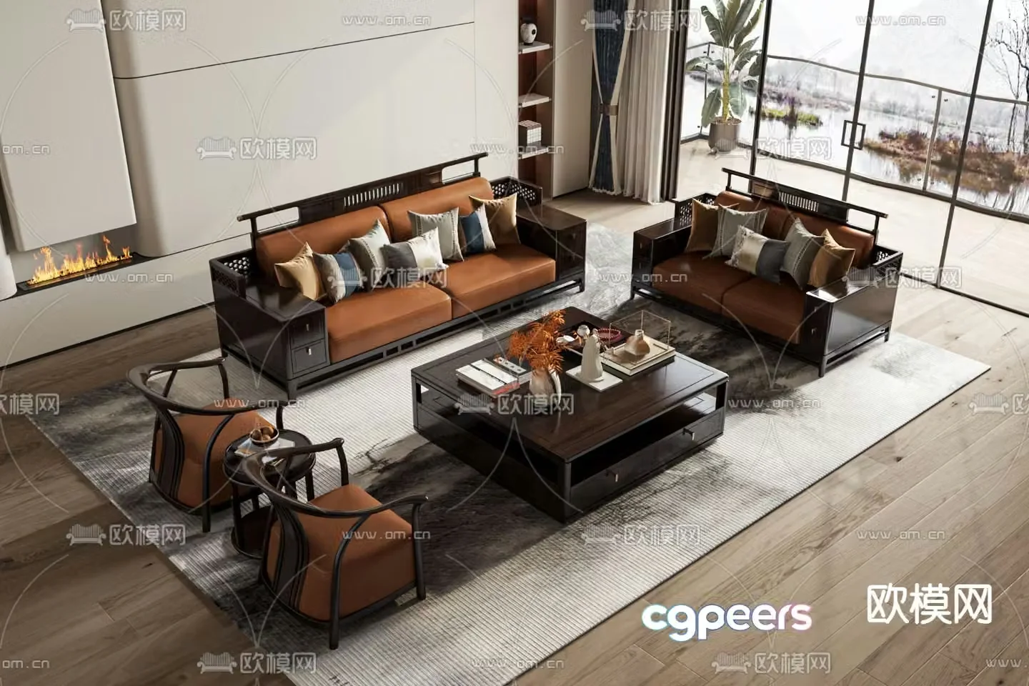 New Chinese style modular sofa leather sofa 3d model