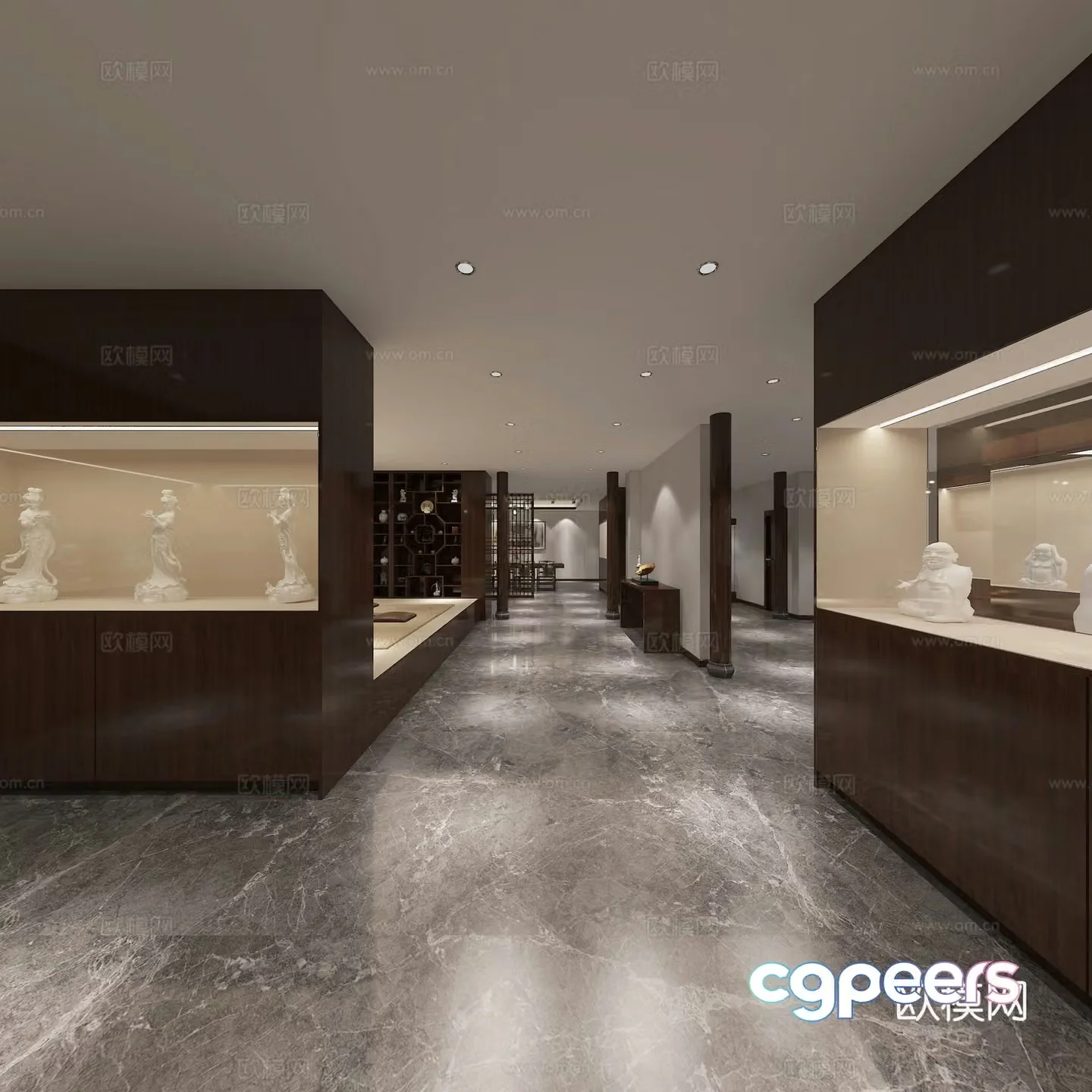 Chinese exhibition hall display cabinet tea room tea table and chair combination porcelain ornaments tatami chandeliers Buddha statue 3D model