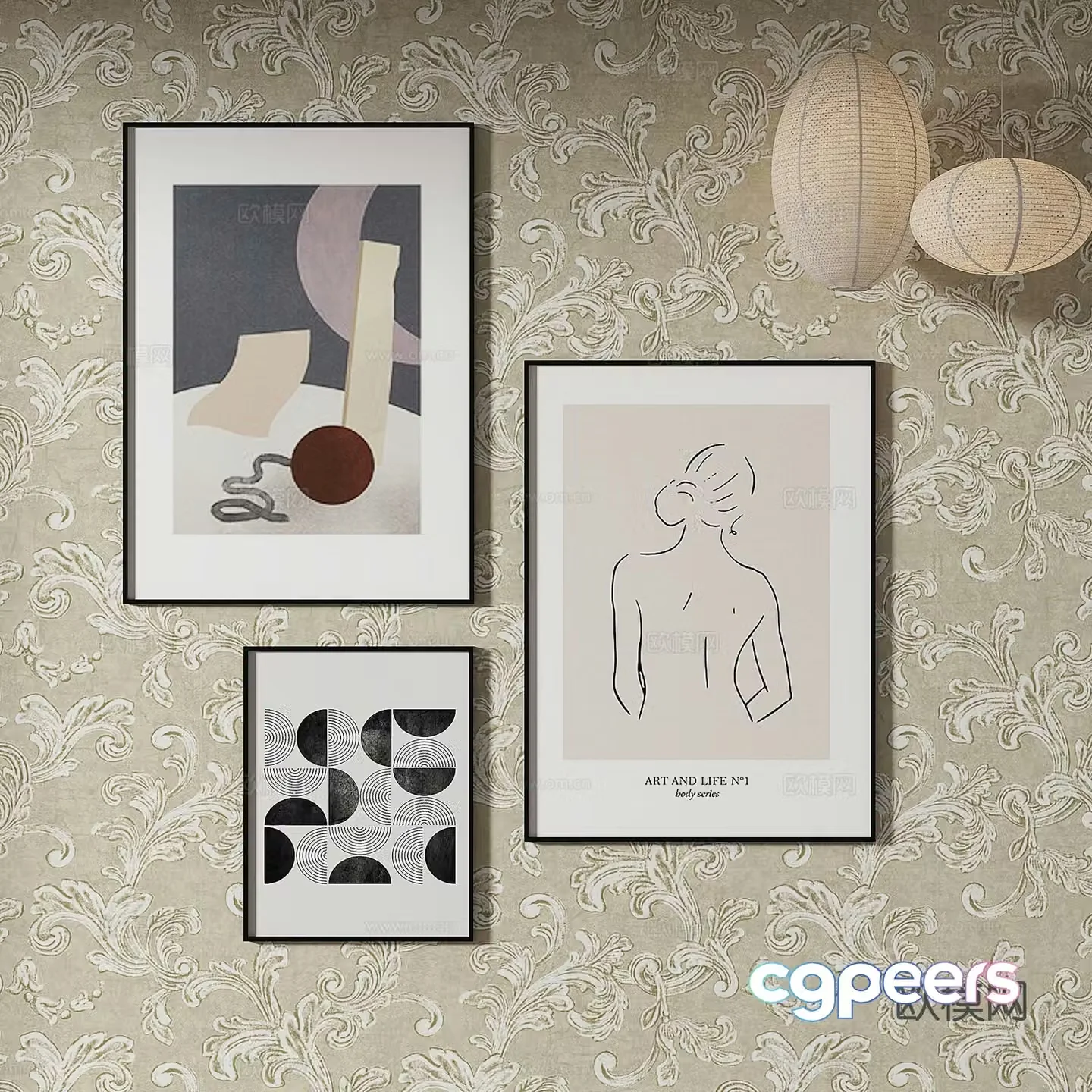 Simple European retro painting abstract painting decorative painting 3d model