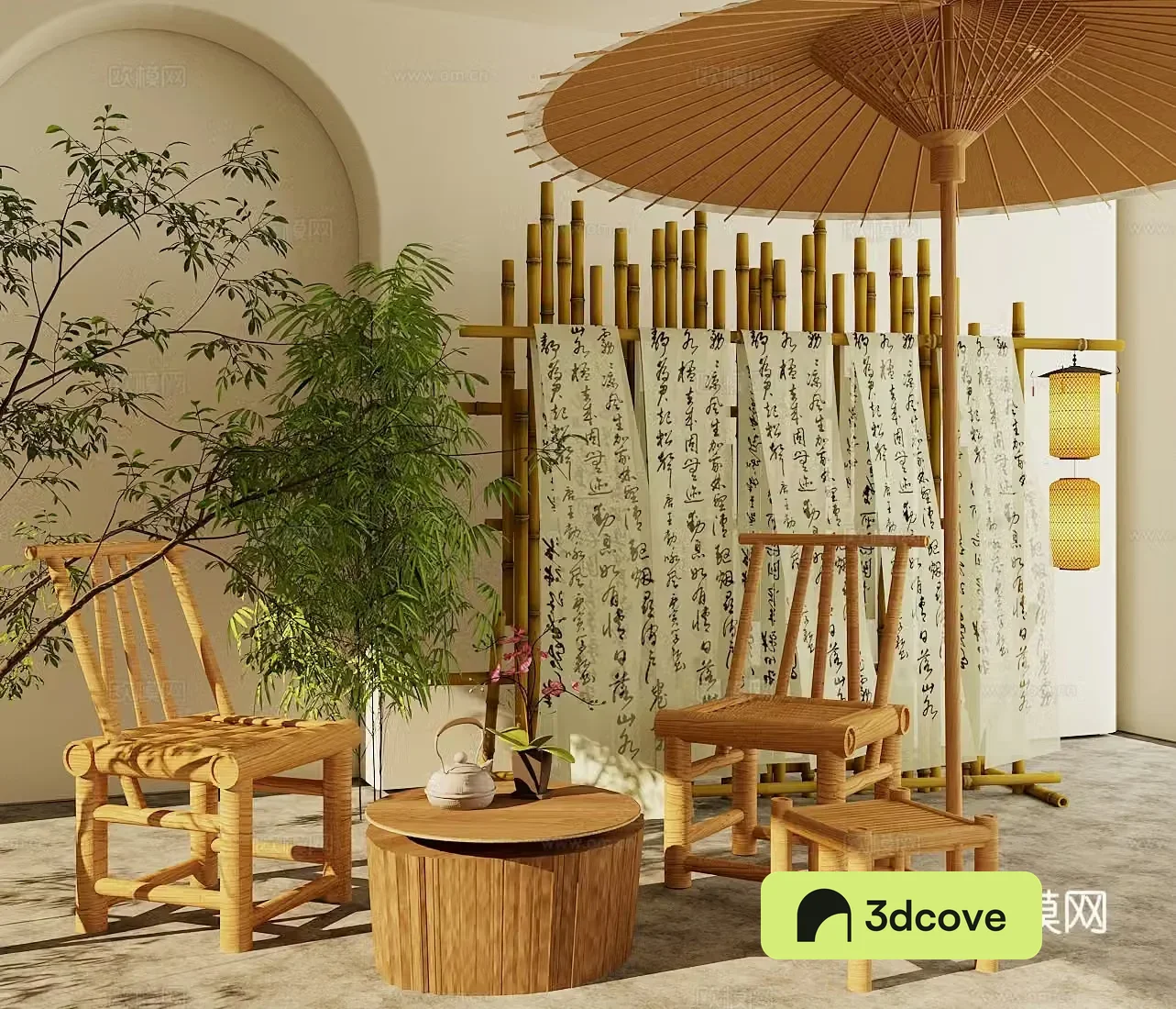 New Chinese style other chairs outdoor rattan chairs bamboo fence oil paper umbrella lantern