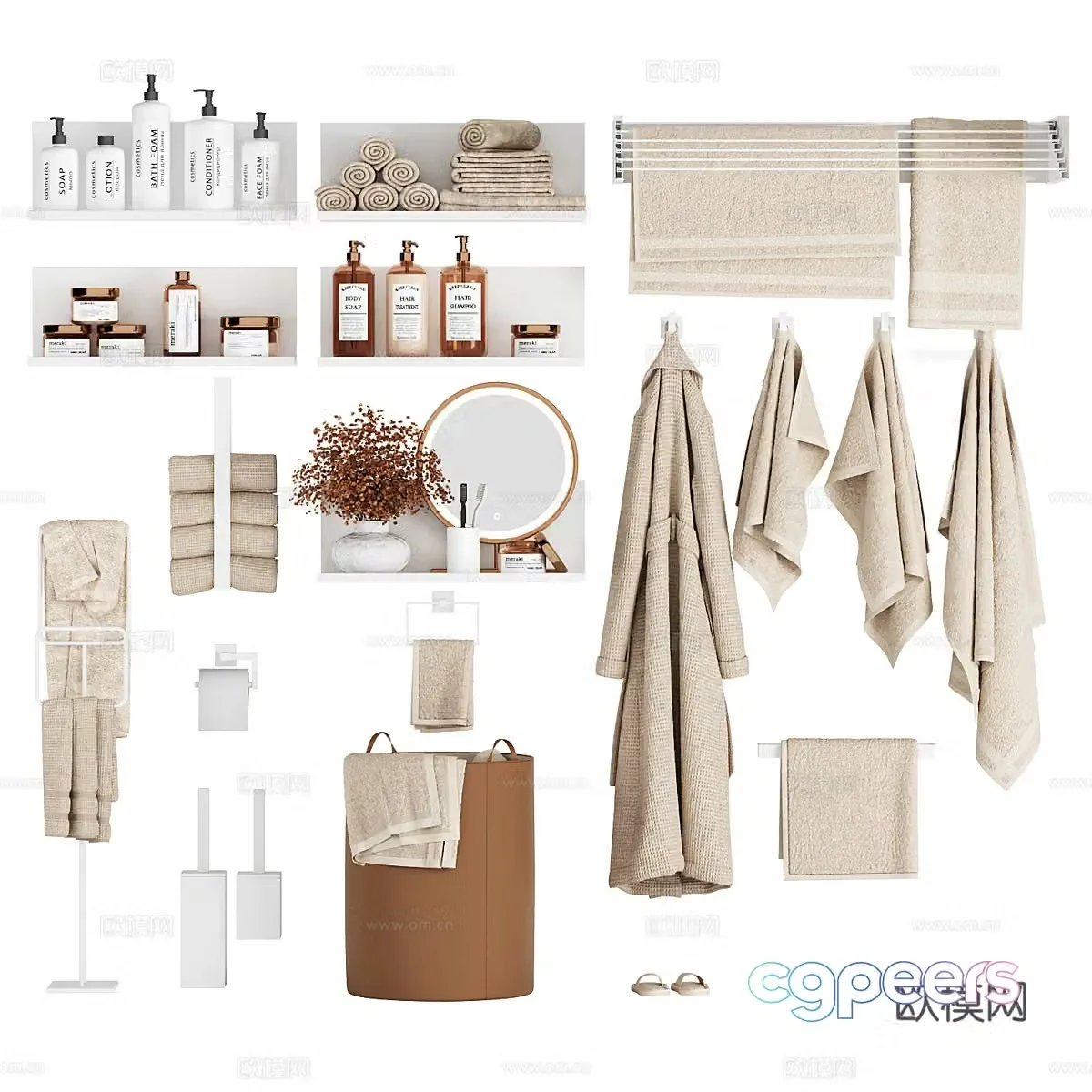 Modern creamy bathroom supplies set 3d model