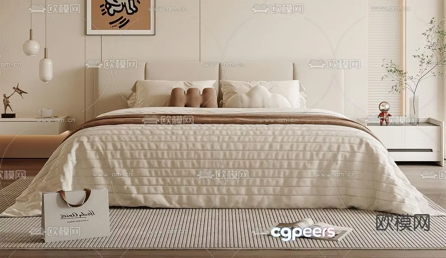 Cream style double bed 3d model