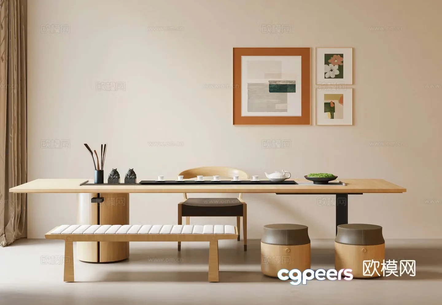 Modern wood tea table and chairs Tea table and chairs Solid wood long table Wasabi tea table Modern tea room 3D model