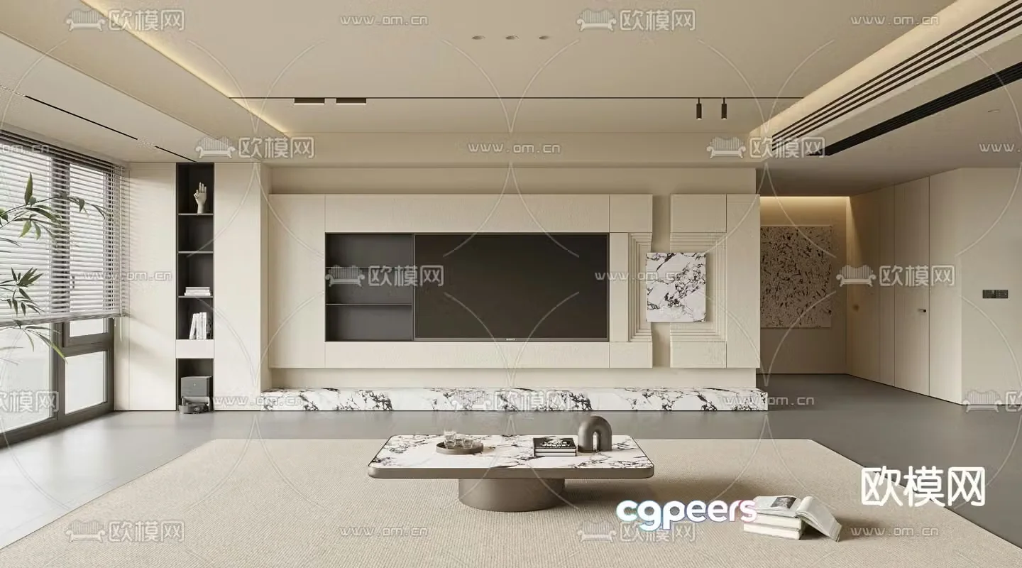 Creamy TV background wall 3d model