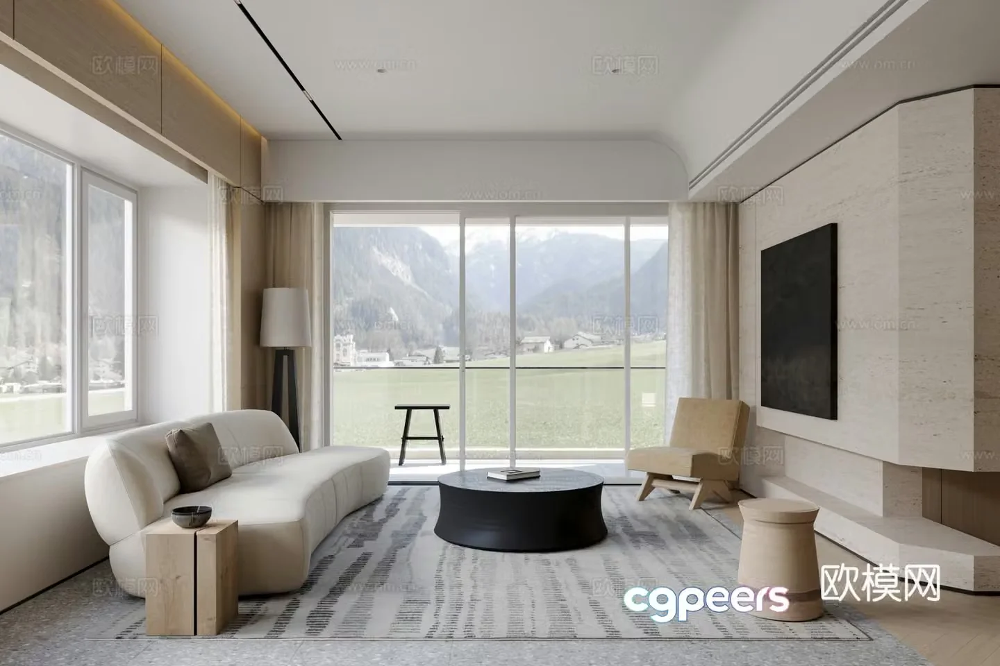 Modern Creamy Living Room 3D Model