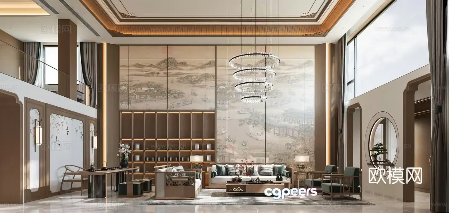 New Chinese style living and dining room empty villa high villa TV background wall 3D model