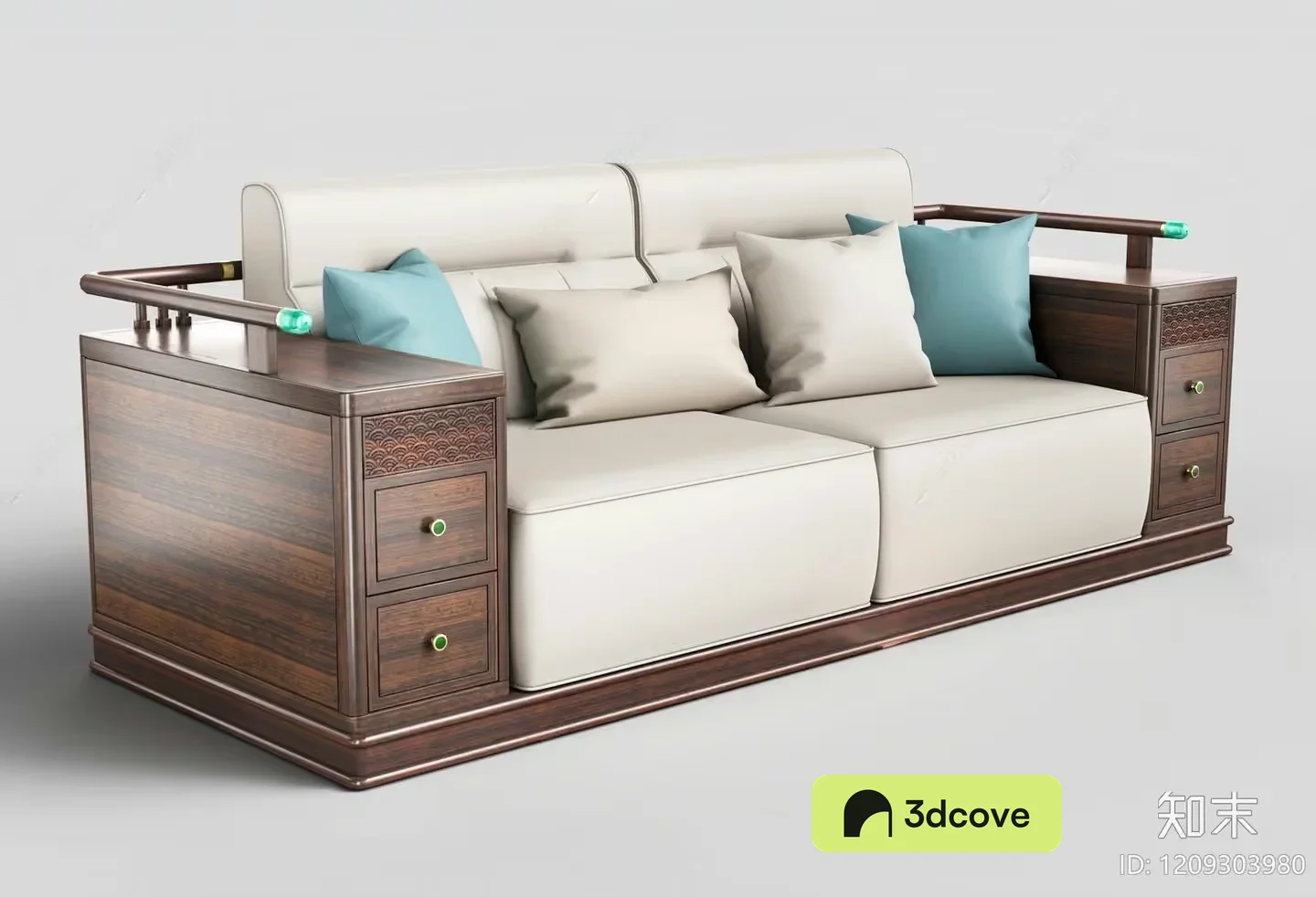 A Wooden Couch With White Cushions And Blue Pillows