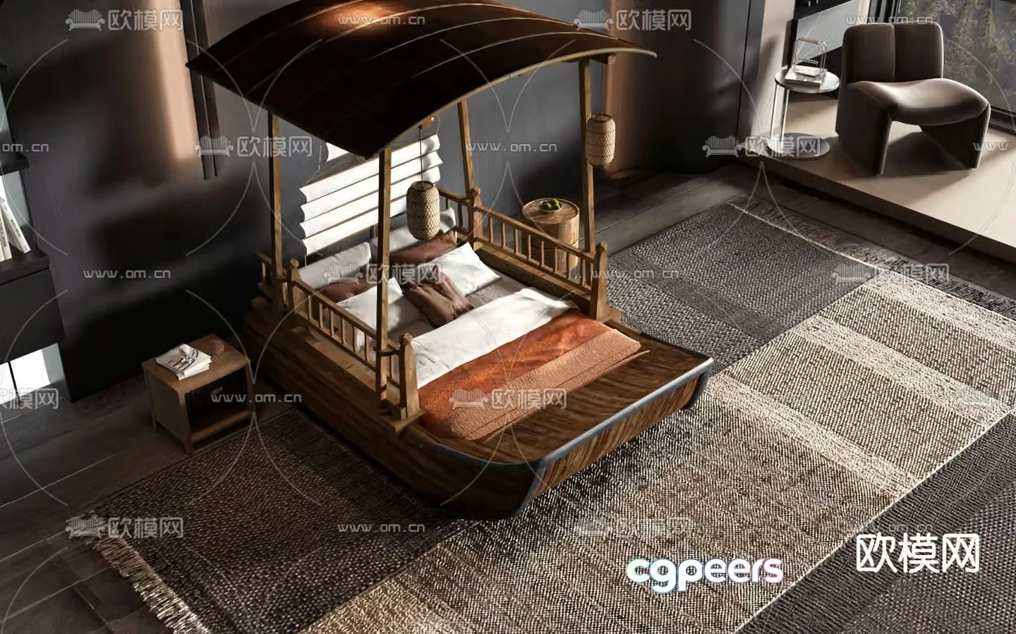 New Chinese style double bed wooden boat bed 3d model