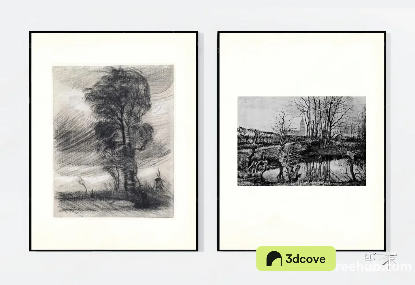 Two Black And White Landscape Paintings