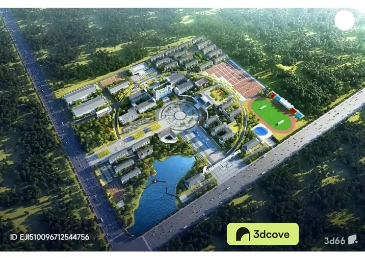 Aerial View Of A Large Building Complex With A Road And Trees