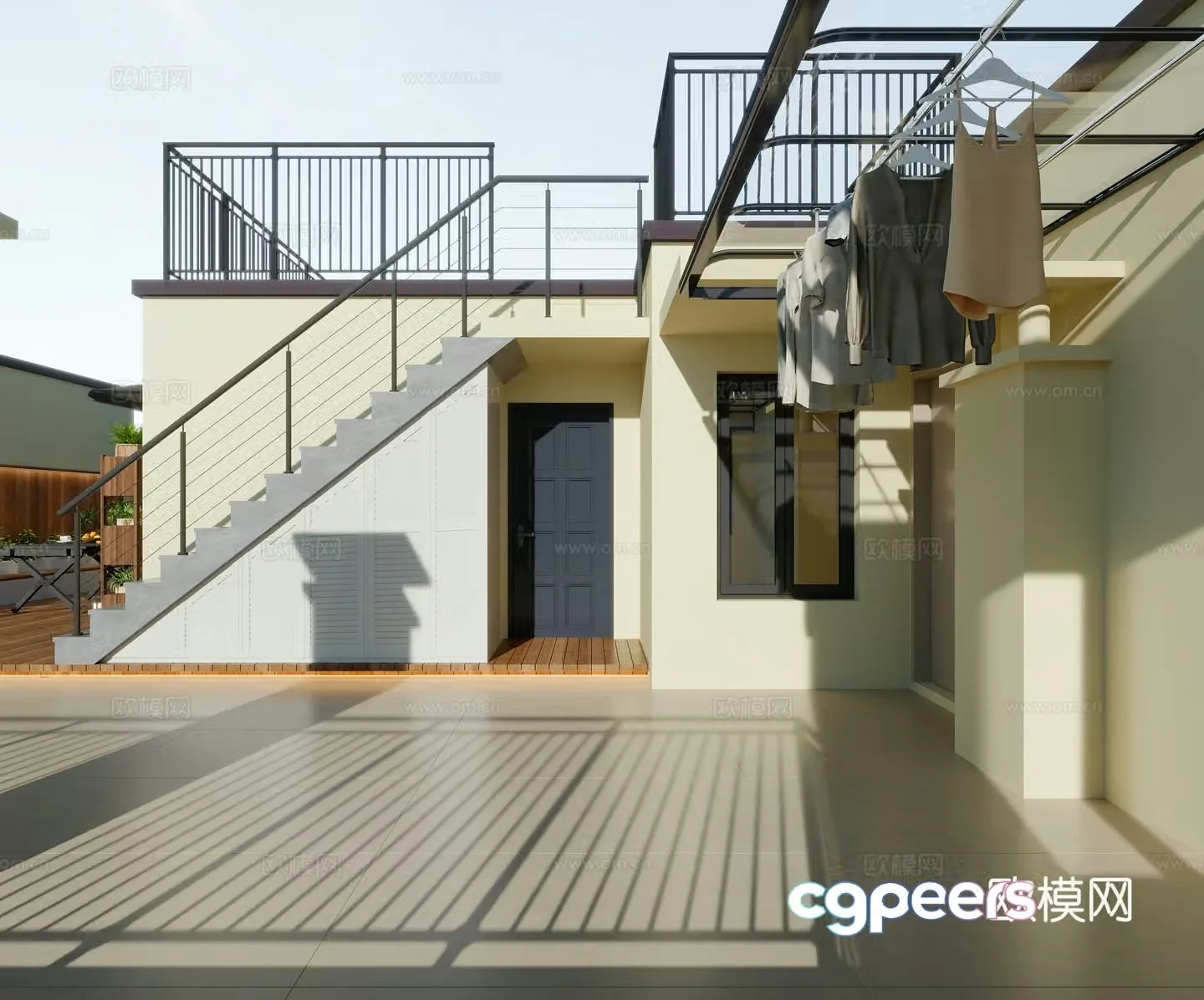 Modern roof stairs clothes hangers rooftops potted plants awnings flowers plants trees 3D models