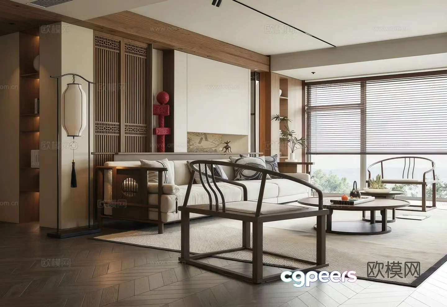 Song style living room sofa coffee table combination floor lamp sofa background wall 3D model