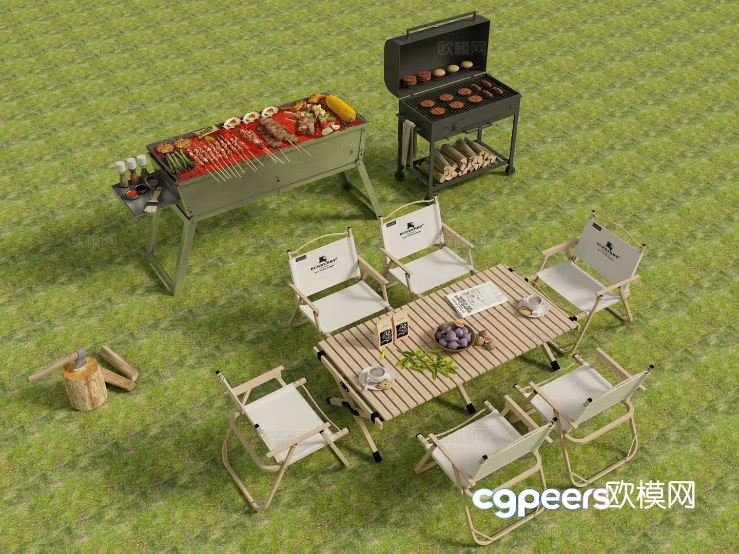 Outdoor tables and chairs camping tables and chairs barbecue grill 3d model