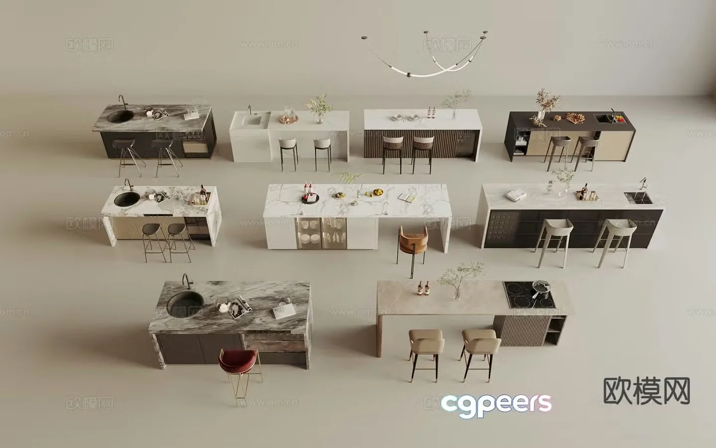 Modern island dining table and chairs island 3d model