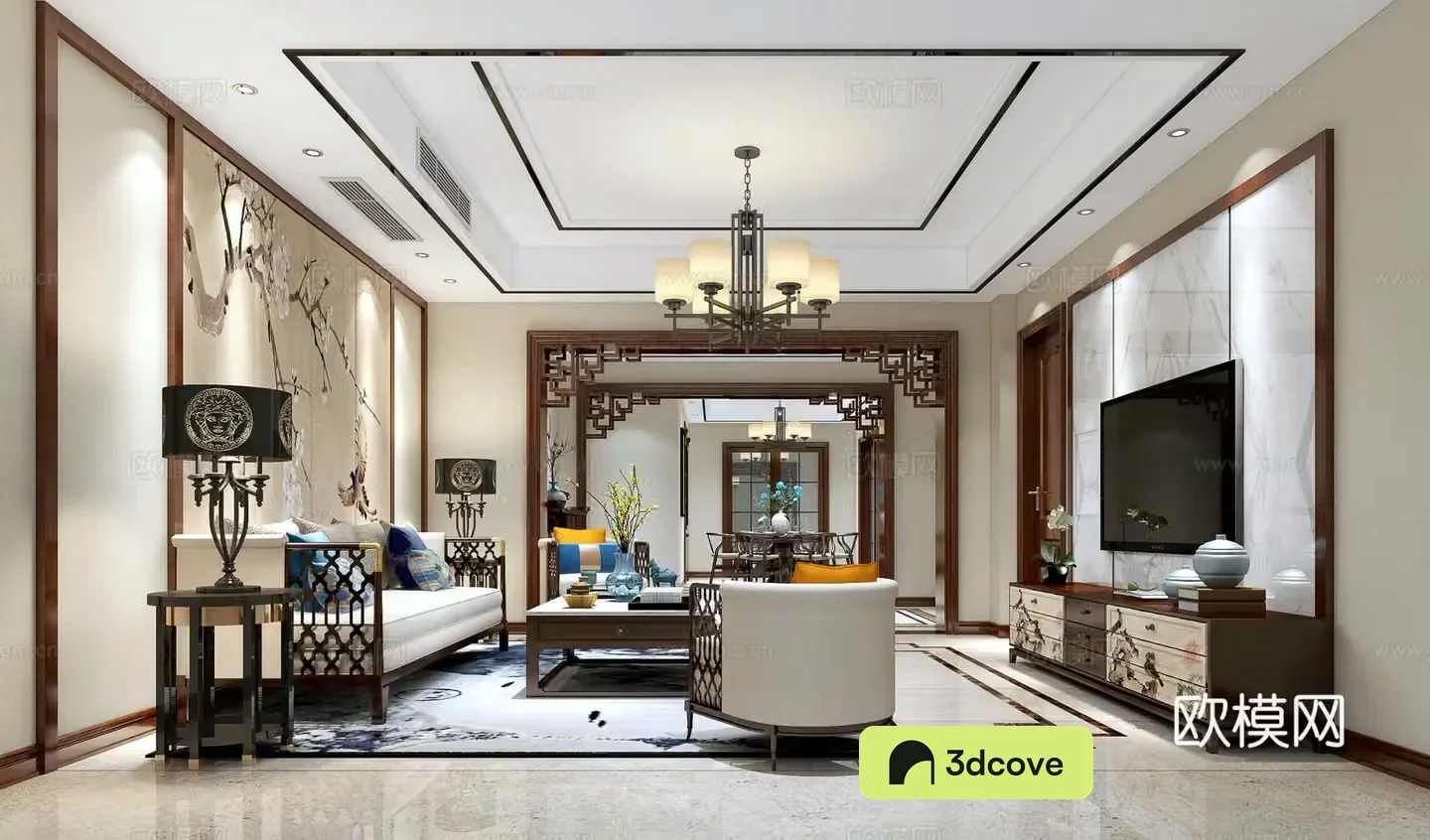 New Chinese style living and dining room sofa coffee table chandeliers dining table chairs TV cabinet desk lamp side table
