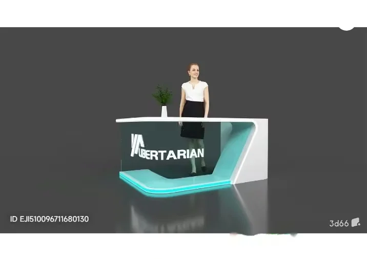 A Woman Standing At A Desk With A Sign That Reads Libertarian 3D Model – 5935 – VRAY Render