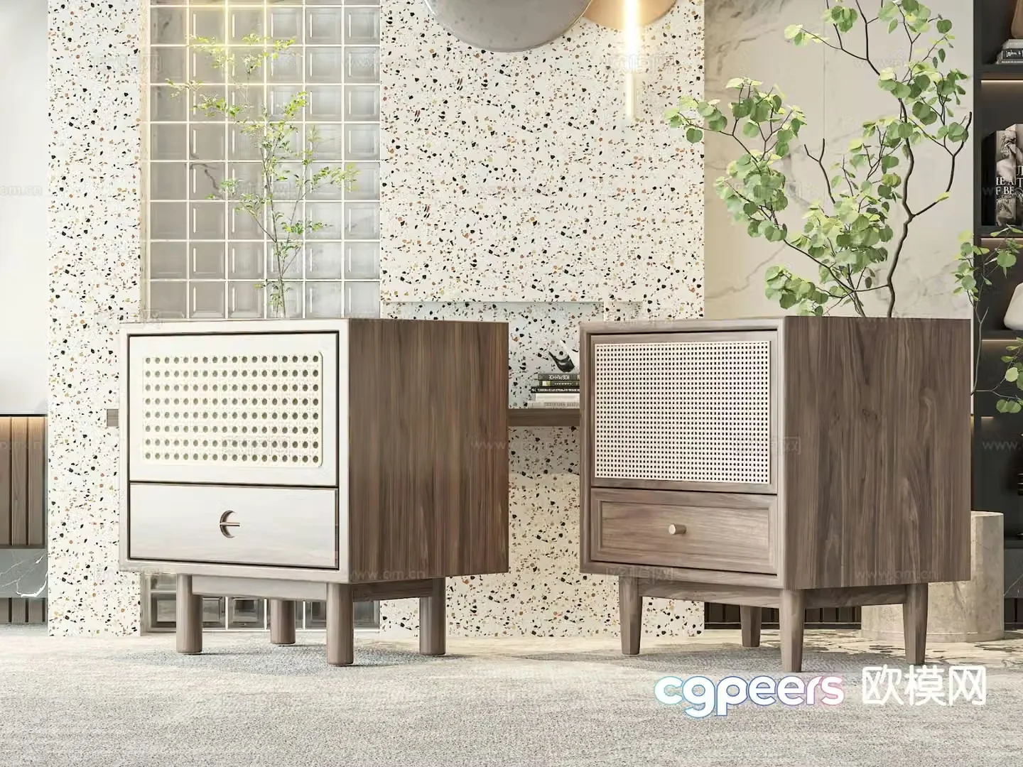 Wabi-sabi style bedside table rattan bedside table 3D model