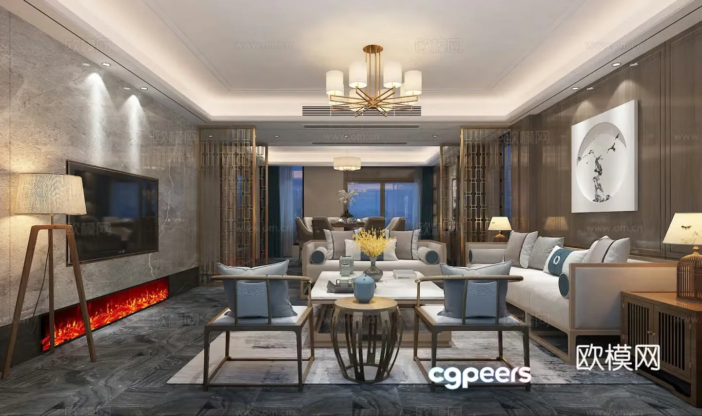 New Chinese style villa living and dining room dining table chair sofa coffee table chandeliers desktop ornaments 3D model of hanging paintings