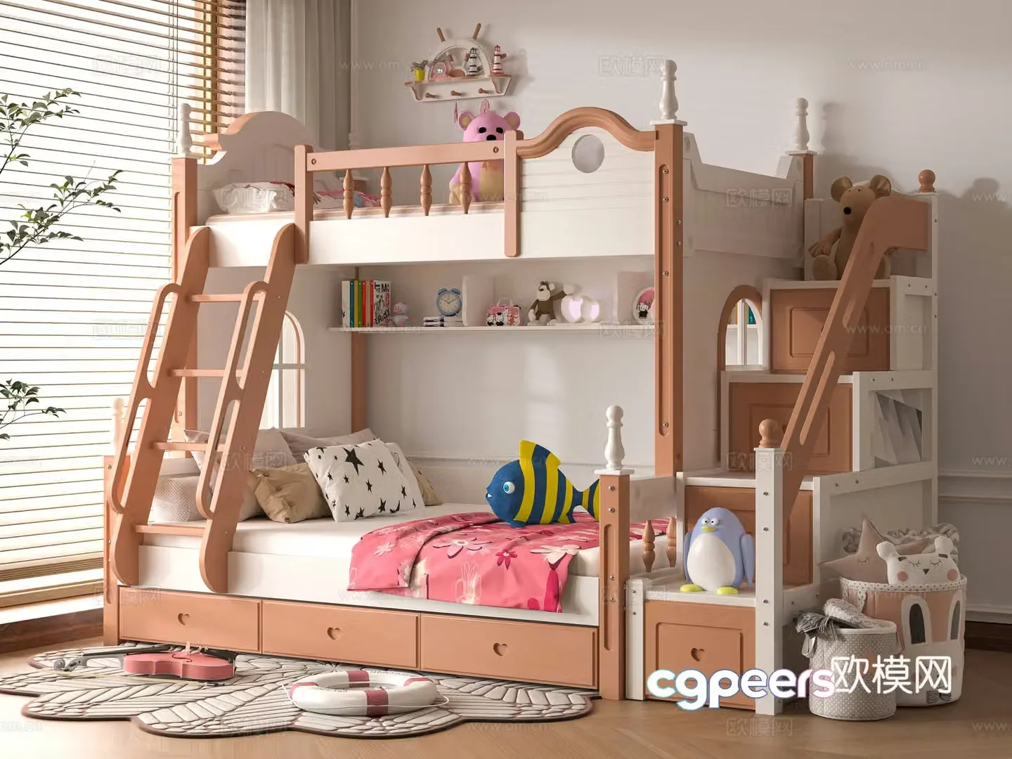 Modern children getting on and off the bed 3d model