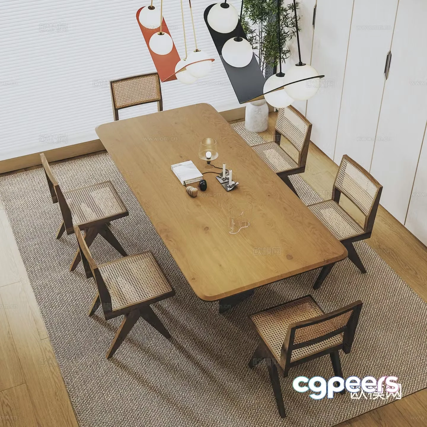 Modern medieval dining table and chairs Solid wood dining table and chairs Rattan dining chair Art chandeliers Dining chair 3D model