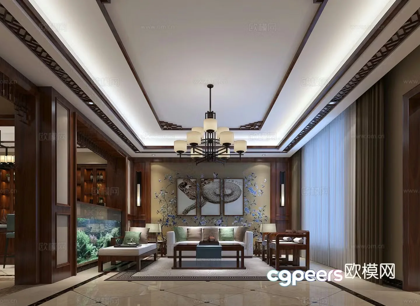 New Chinese style living room sofa carpet chandelier decorative painting fish tank desk lamp coffee table 3D model