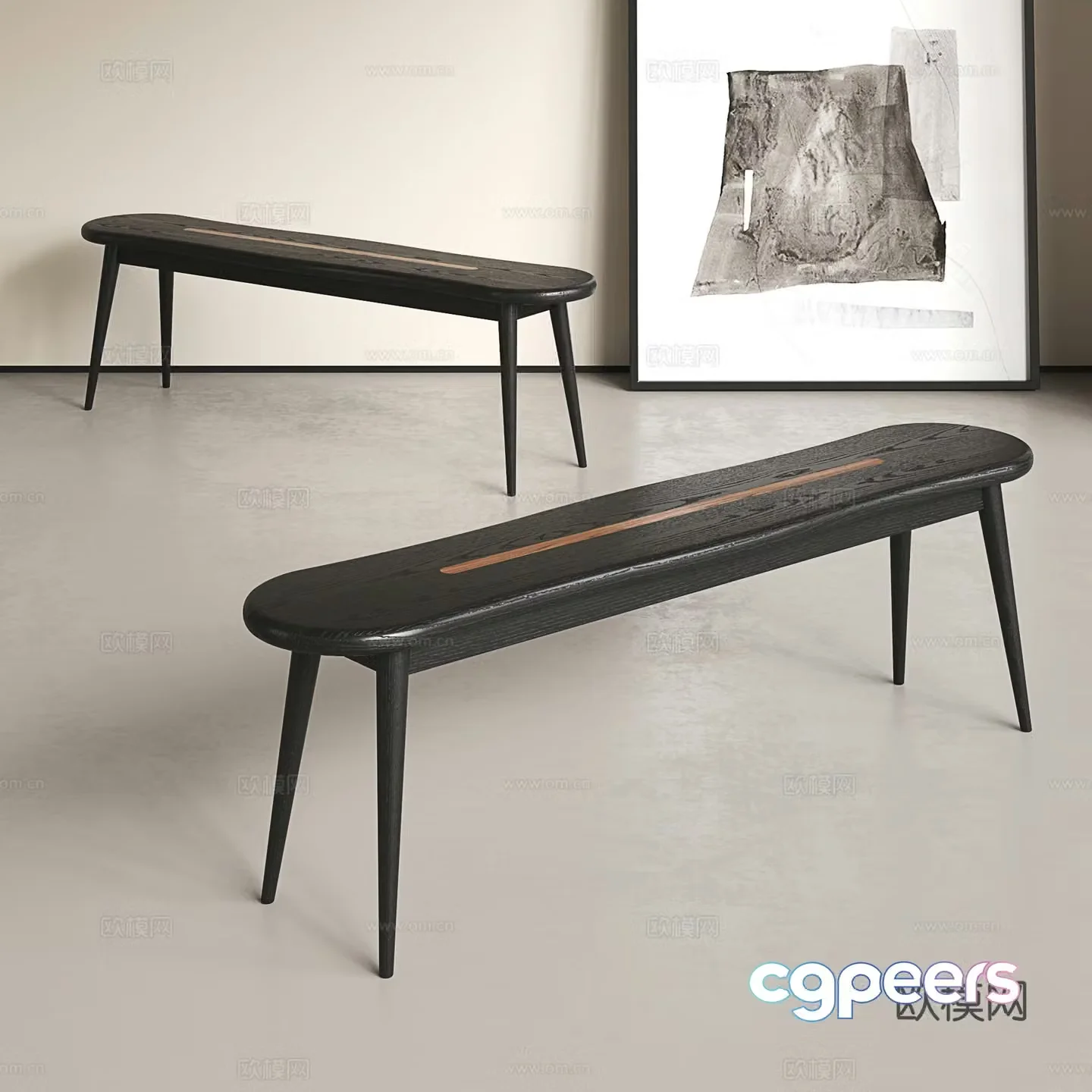 Middle-aged long bench retro style solid wood bench restaurant bench solid wood shoe replacement stool solid wood long 3D model