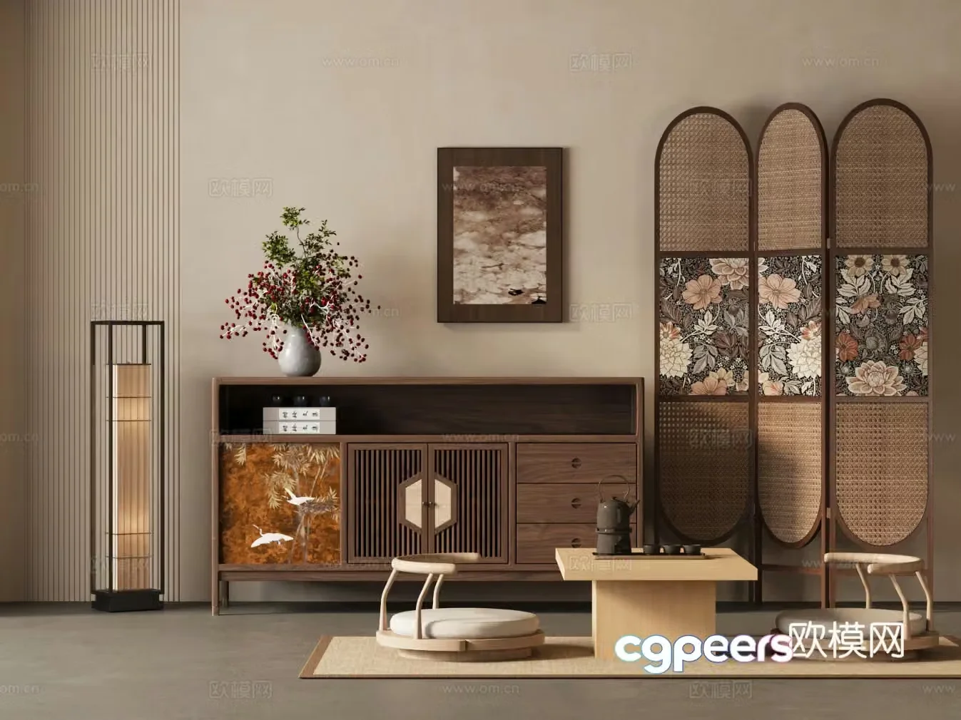 New Chinese style chest of drawers side cabinets folding screens floor lamps floral ornaments tatami tea tables and chairs 3D model