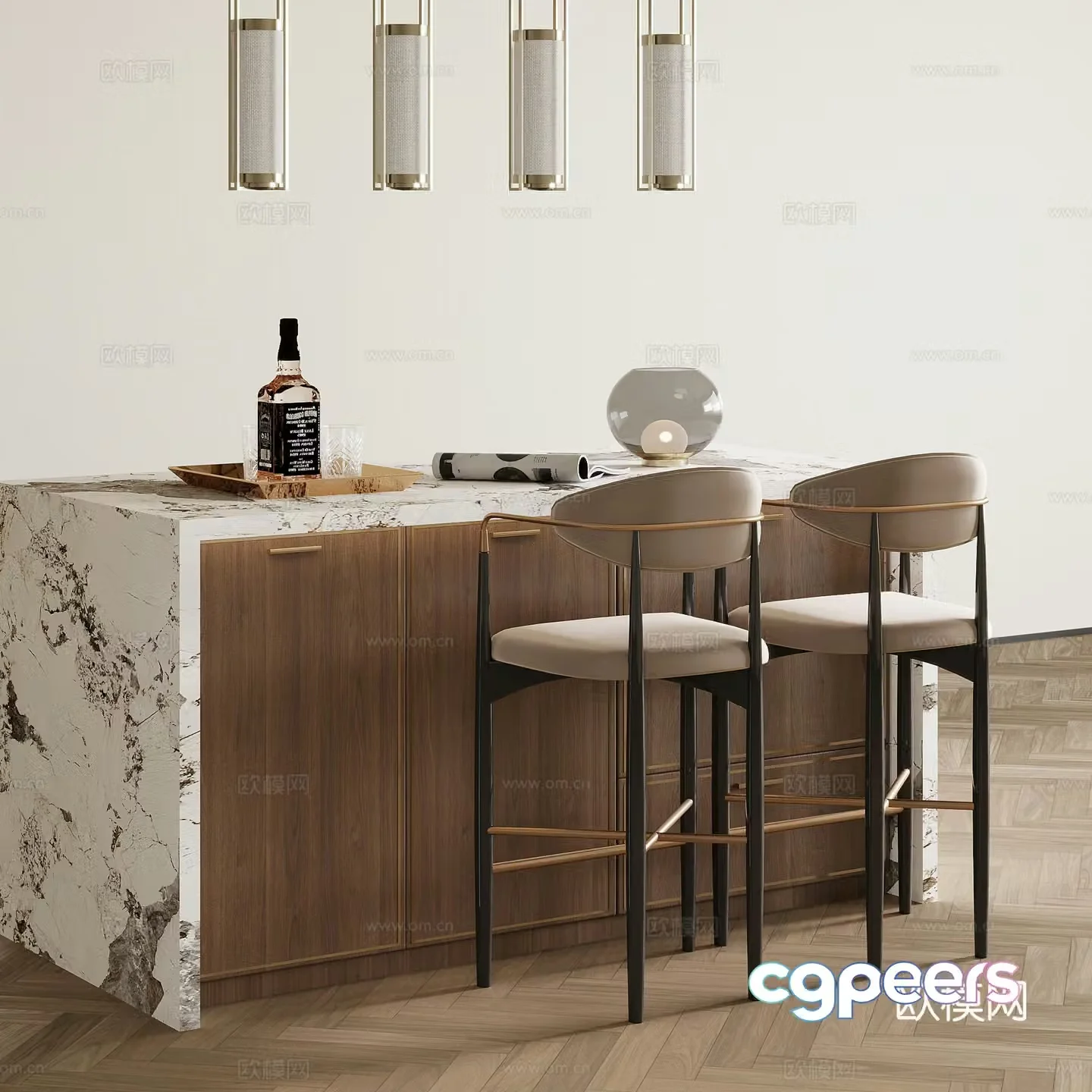 Island desk medieval style island desk bar dining desk bar chair 3d model