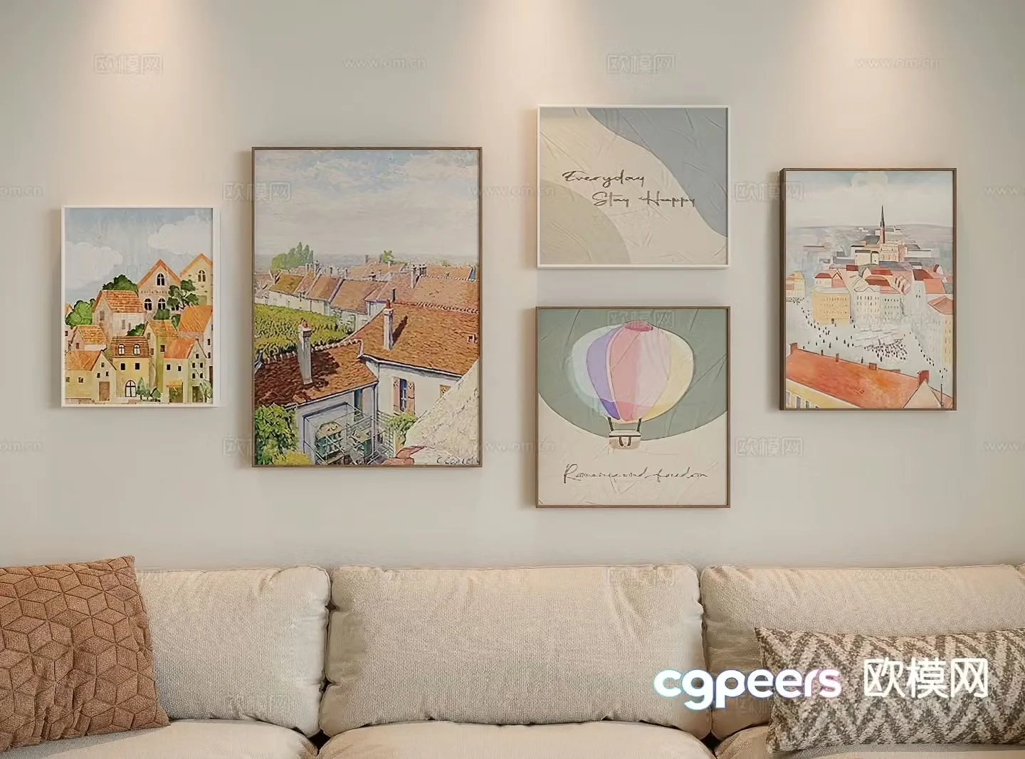 Cream style oil painting landscape painting combined painting 3d model