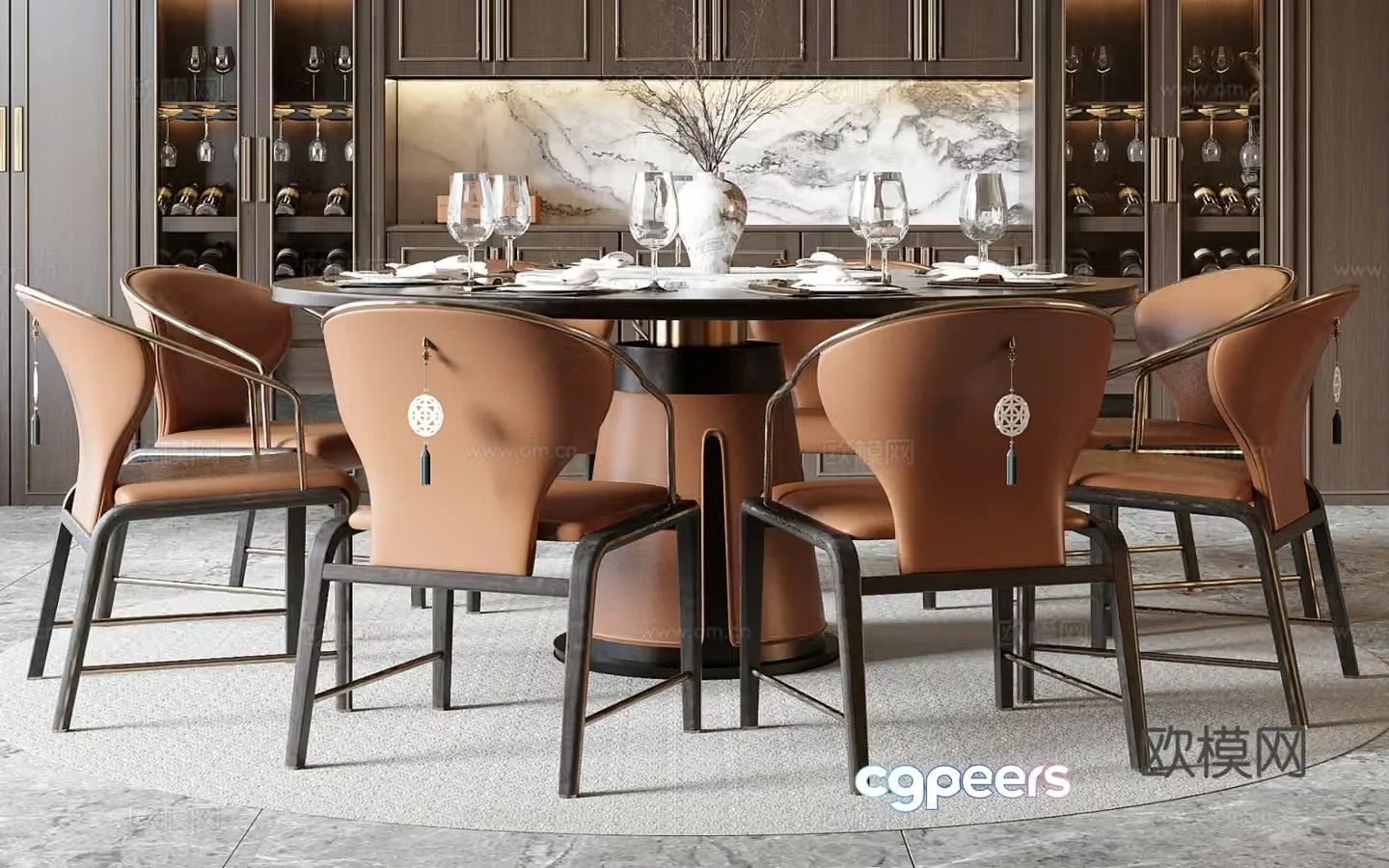 New Chinese dining table and chair combination 3D model