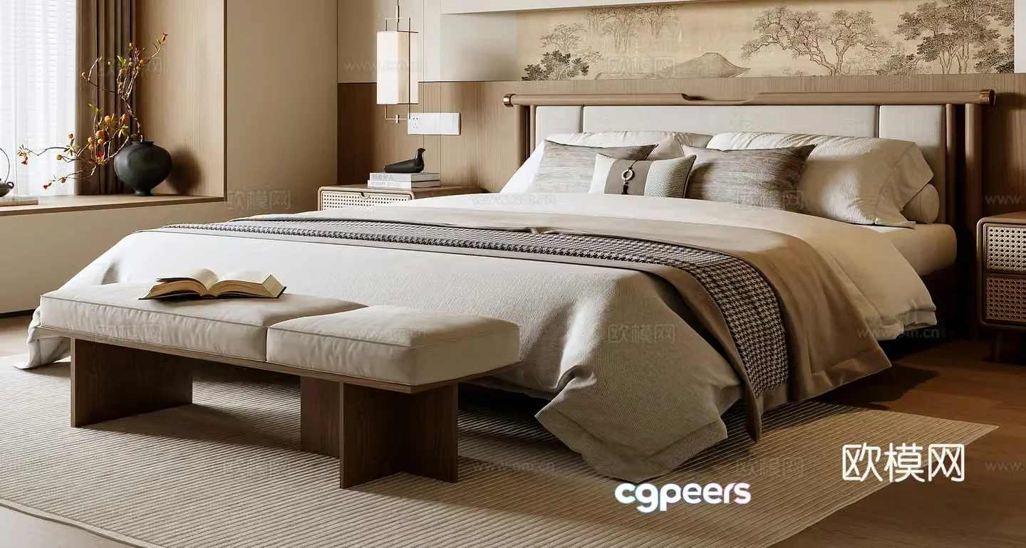 New Chinese style double bed 3D model