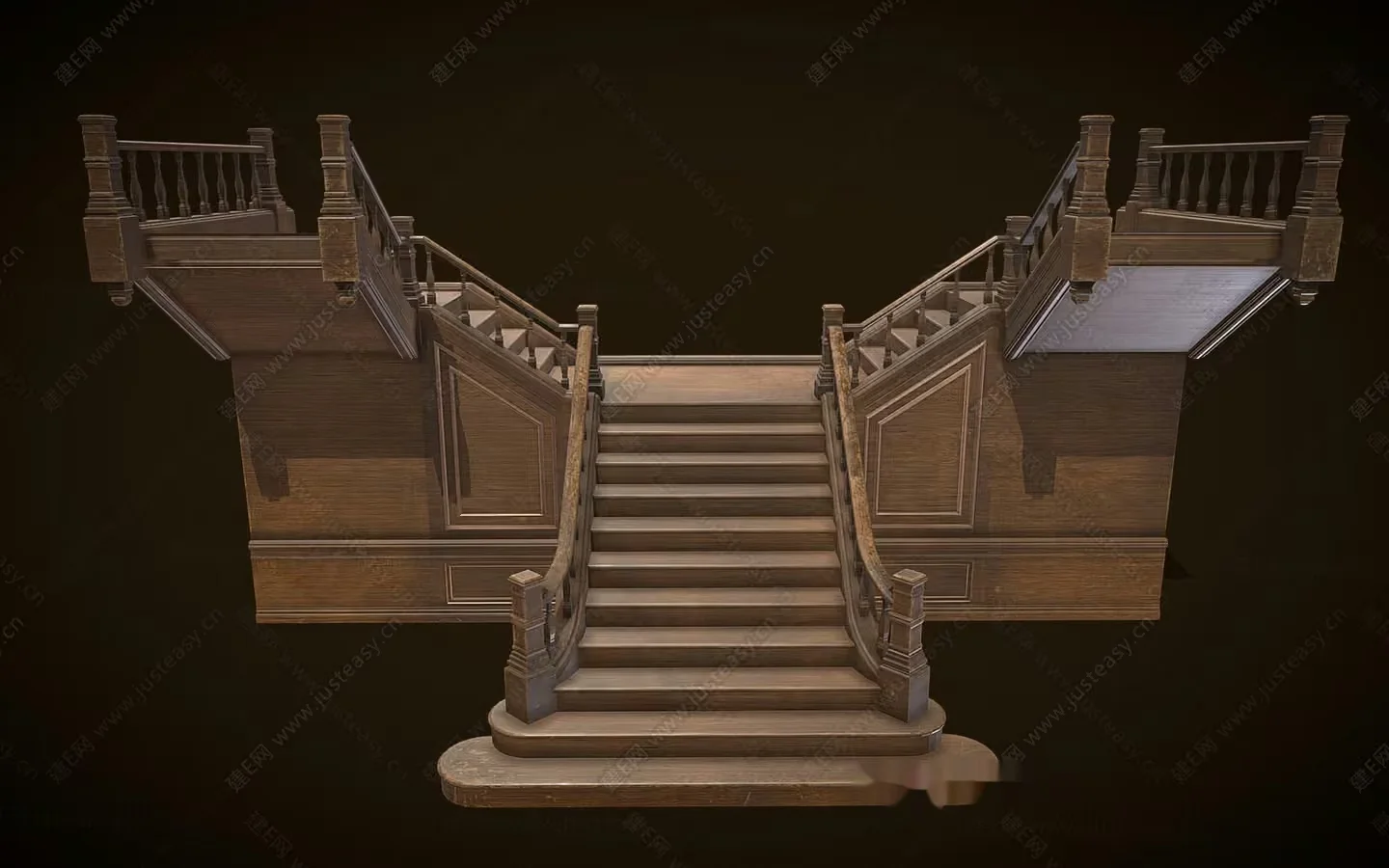 Wooden Staircase With Railings 3D Model – 15128 – VRAY Render