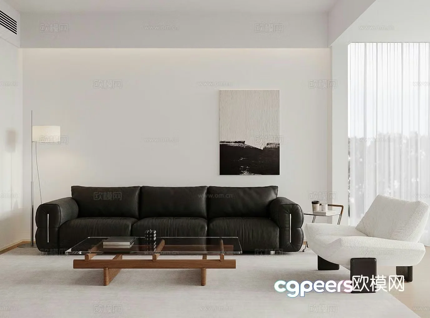 Modern minimalist home living room black and white and gray living room ownerless lights high-end gray living room sofa chair 3D model