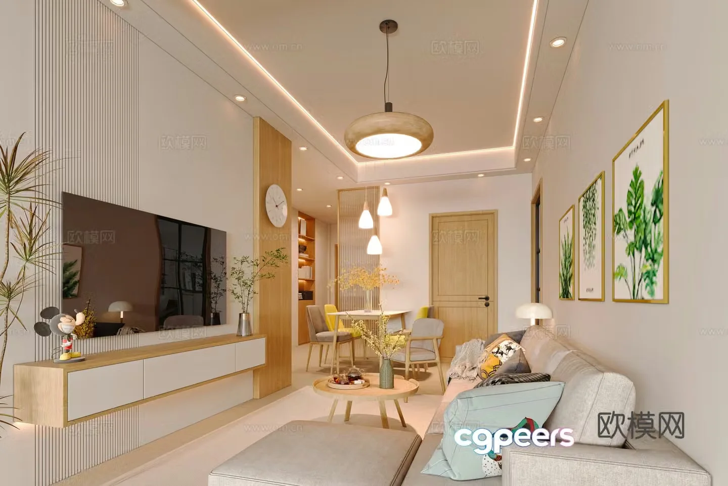 Modern living and dining room 3d model