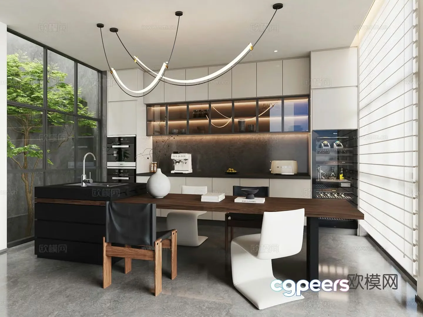 Modern Italian restaurant island dining table and chair combination open kitchen curtain cabinet 3d model