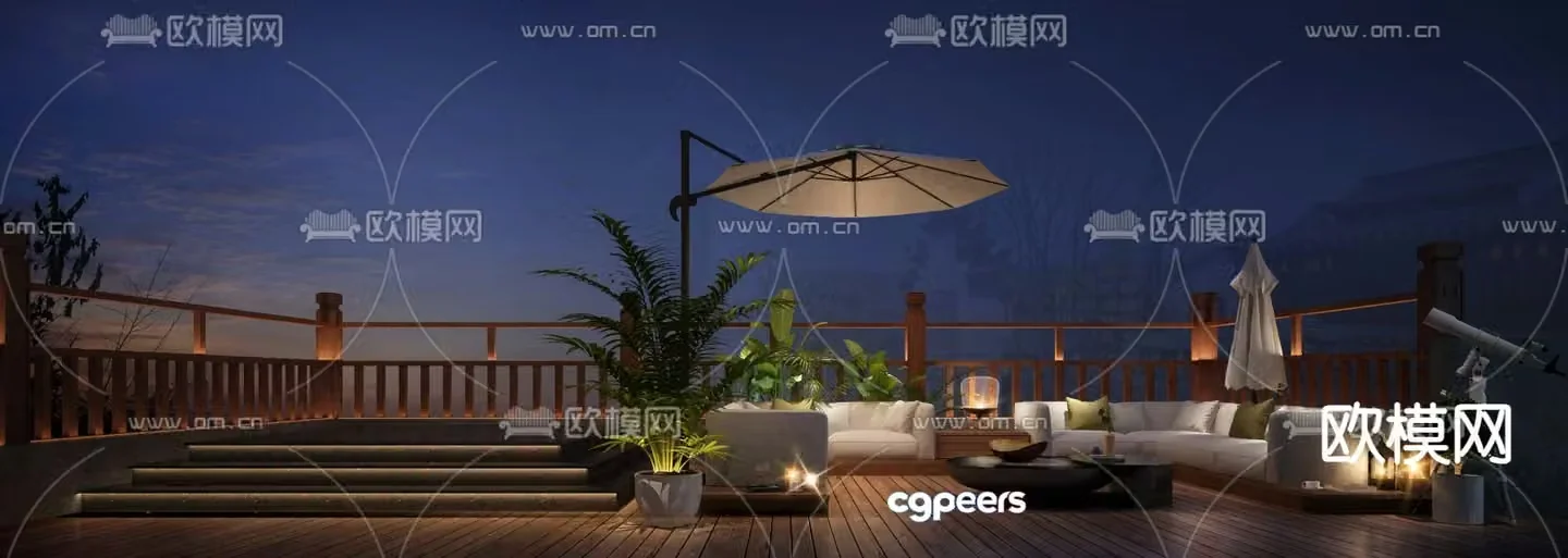 Balcony Terrace Roof Garden Night View 3d model