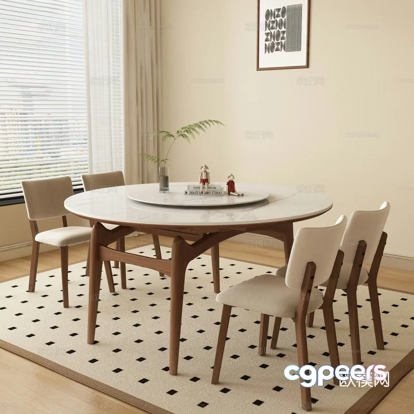 Medieval style round dining table and chairs 3D model