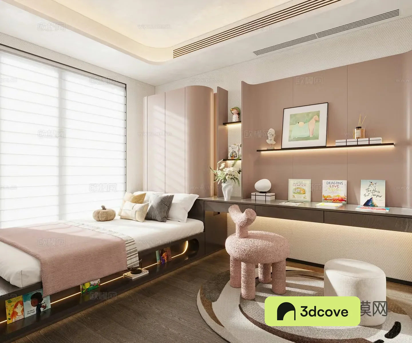 Girls’ room Children’s room Ornaments Hanging paintings Children’s books Single chair Bed Pillow Wardrobe
