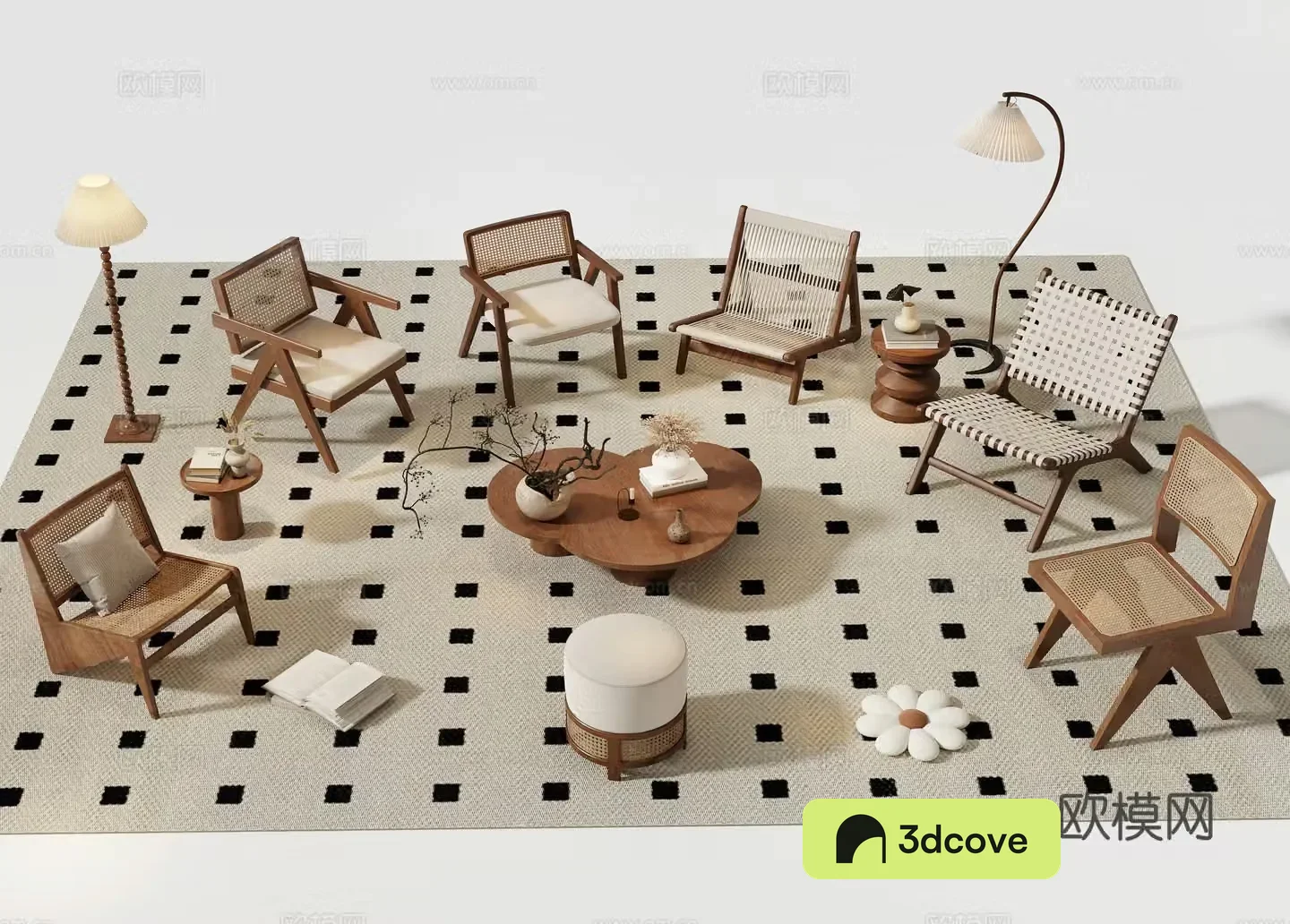 Middle-aged leisure chair rattan chair sofa chair wooden chair floor lamp carpet 3d model
