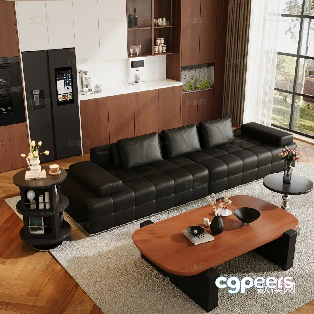 Middle-aged sofa combination Middle-aged living room sofa coffee table combination black leather sofa sofa chair 3D model