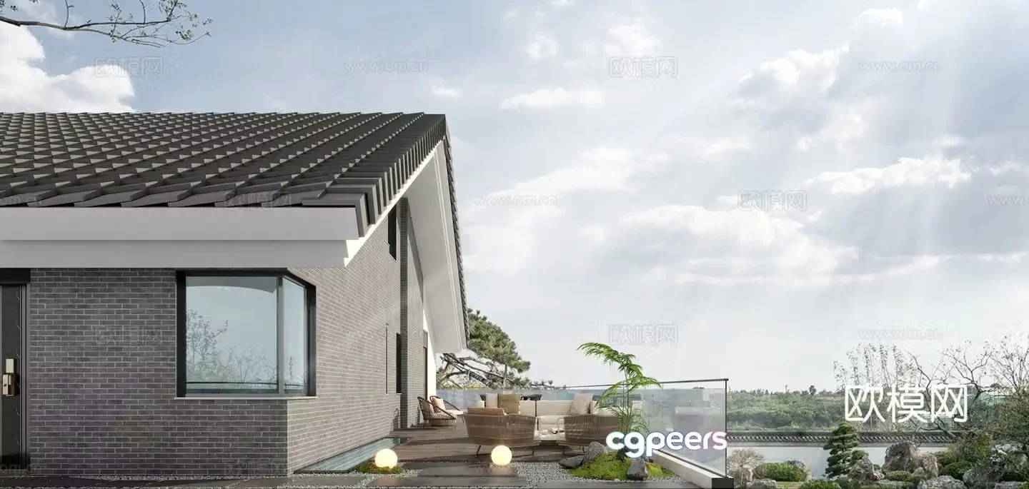 New Chinese style outdoor balcony 3D model