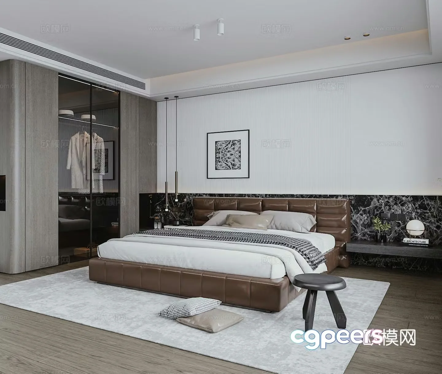 Modern bedroom high-end leather double bed hotel apartment room dark black room wardrobe 3d model