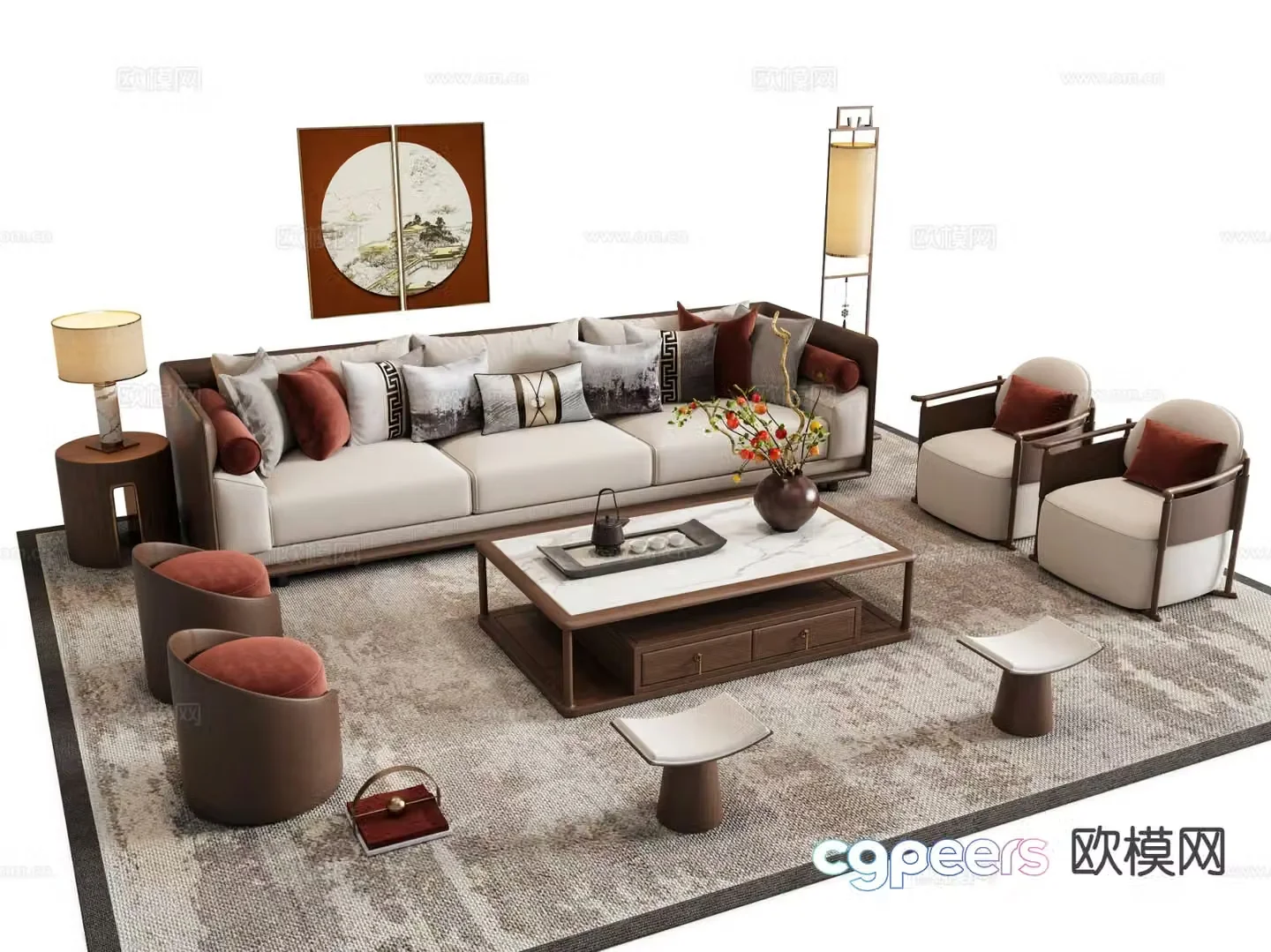 New Chinese style sofa modular sofa 3d model