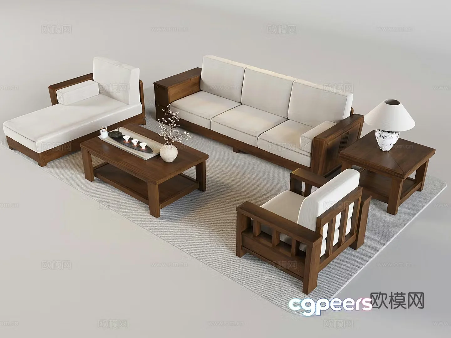 Chinese sofa tea table combination solid wood sofa tea table tea set table lamp vase flower art 3D model