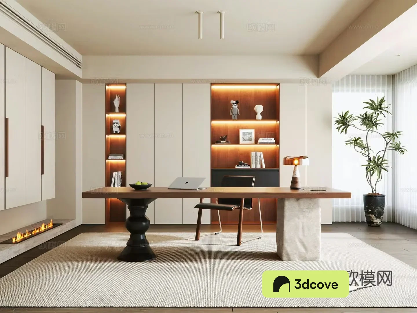 Modern medieval study medieval style desk and chair combination bookcase book ornament potted green plants