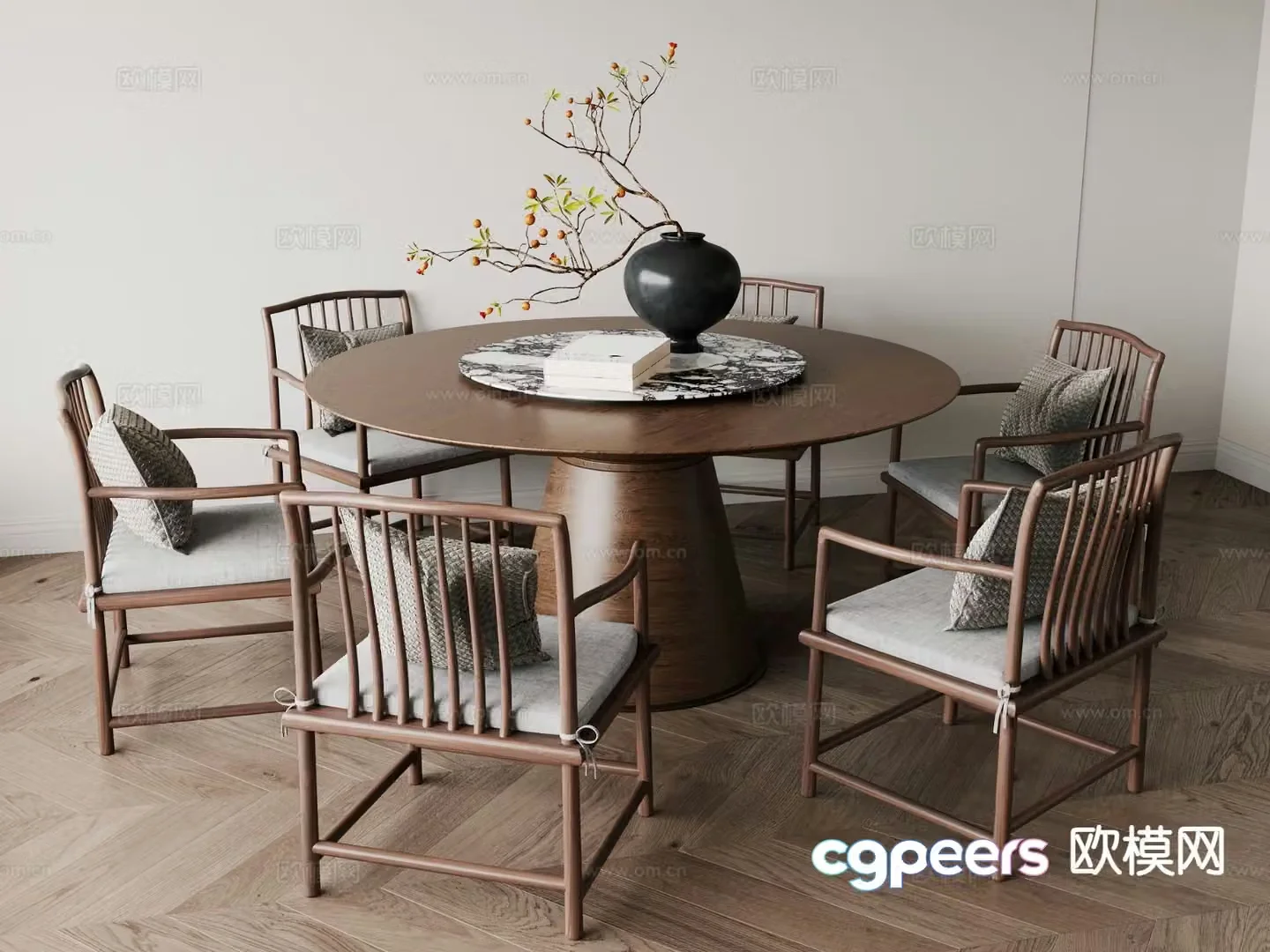 New Chinese style dining table and chairs round dining table 3d model