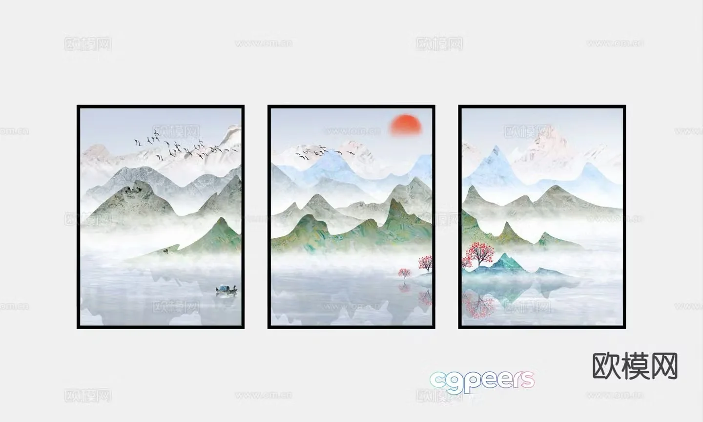 New Chinese style landscape painting decorative painting 3D model