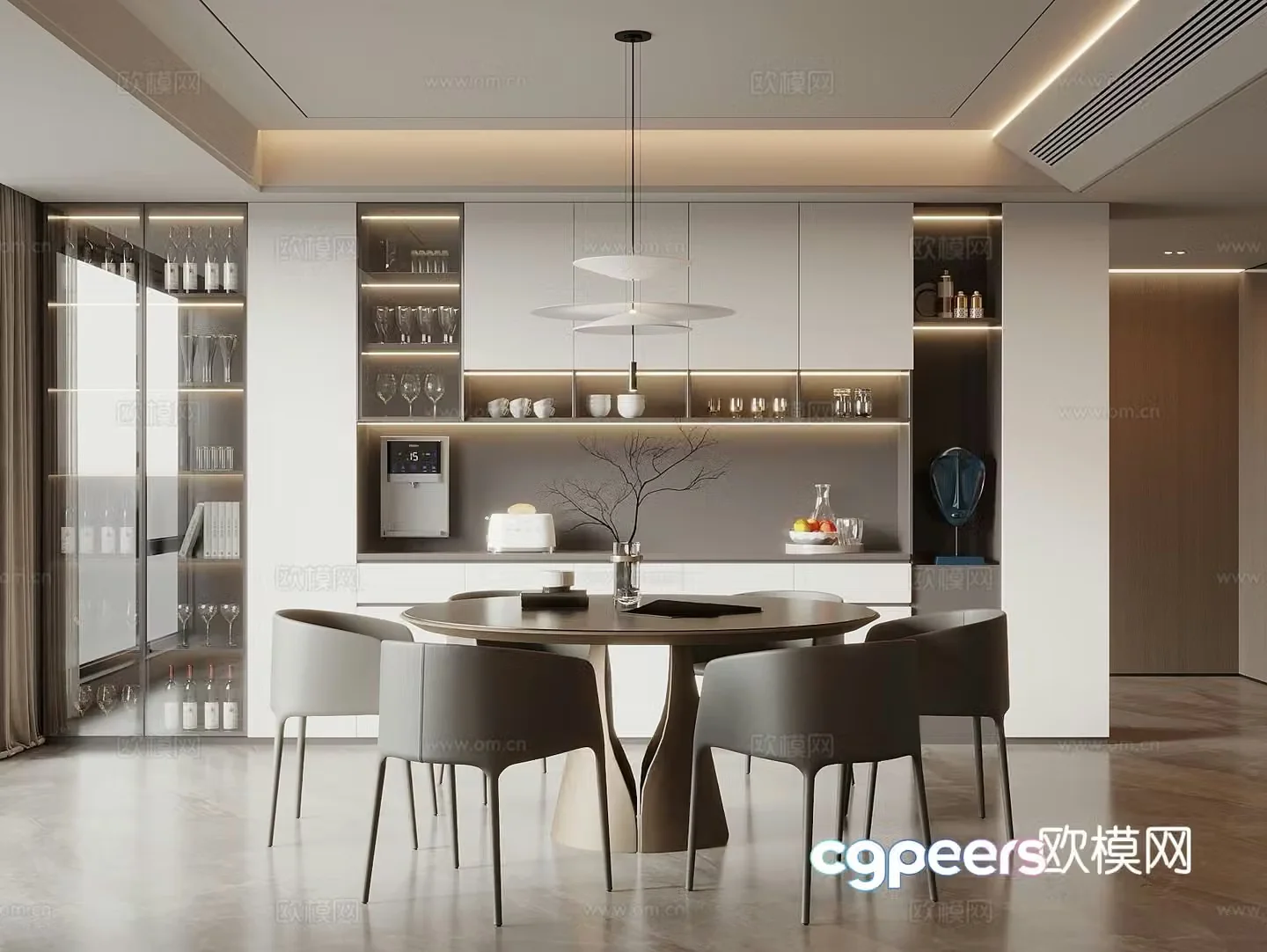 Modern restaurant dining table and chair combination sideboard wine cabinet art chandeliers 3d model