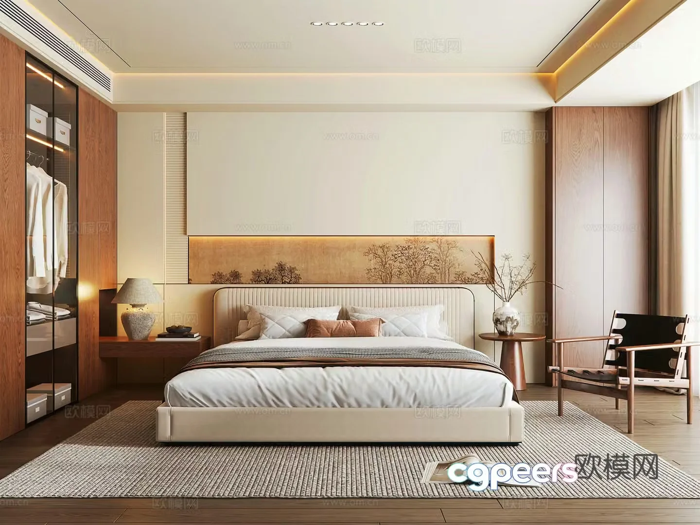 Modern medieval home bedroom Modern fabric double bed Bedside bedside lounge chair Modern wardrobe 3d model