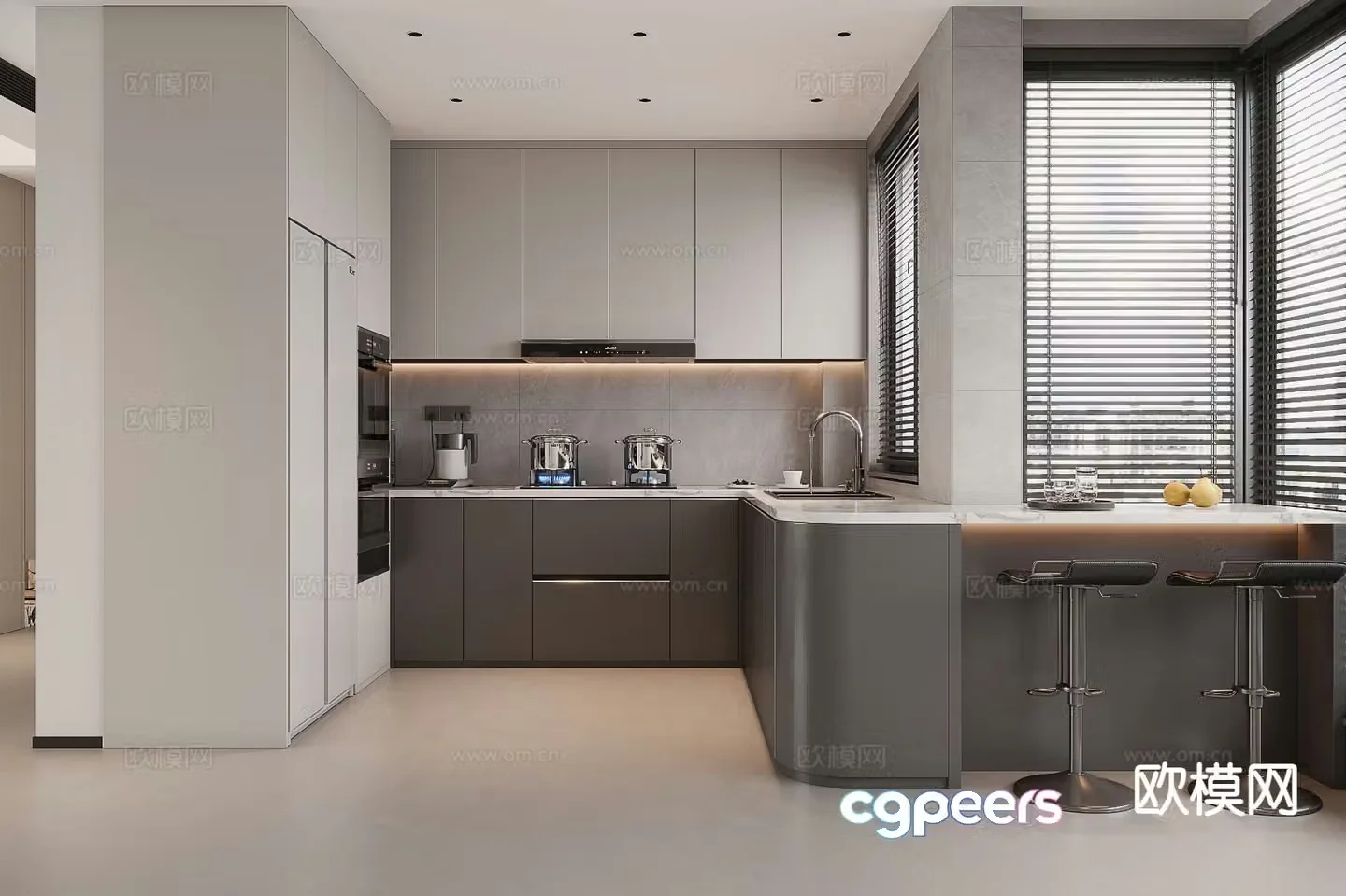 Cream style island kitchen 3d model